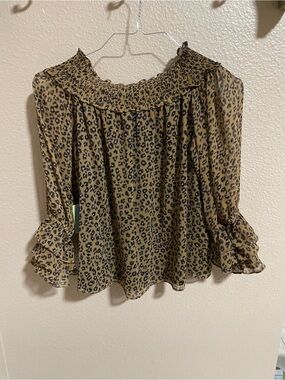 Cece Leopard Print Off-Shoulder Ruffle Sleeve Top - Brown NWT